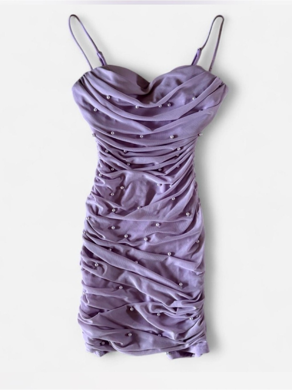 Windsor Lavender Ruched Pearl-Detail Mini Dress